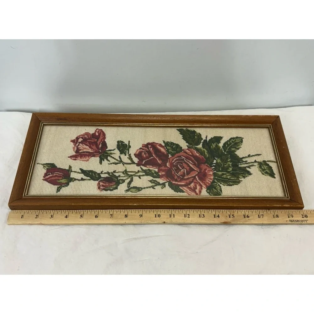 Vtg Framed Floral Roses Needlework Art Rectangular Gallery Wall Kitschy